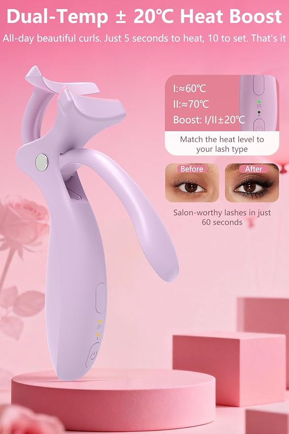KOKABI Heated Eyelash Curler: Fast 10s Heat up, 24 Hours Long Lasting, Electric Lash Curler with Temperature Control, Safe Anti-Burn Eye Lash Curler, Quick Natural Curling Lashes (Purple)
