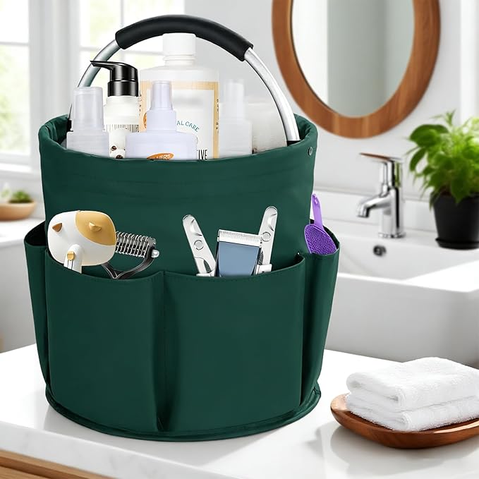 Felt Pet Dog Grooming Bag, Small Pet Grooming Tote Bag, 6-pocket Dog Grooming Supplies Organiser, Travel Outdoor Hold for Clippers Nail Grinder, Cleaning Brush, Trimmer, Nozzle, Green