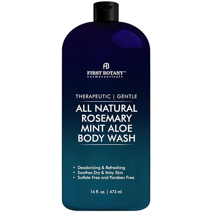 First Botany, ALL Natural Body Wash - Fights Body Odor, Athlete's Foot, Jock Itch, Nail Issues, Dandruff, Acne, Eczema, Shower Gel for Women & Men, Skin Cleanser -16 fl oz (Rosemary Mint)
