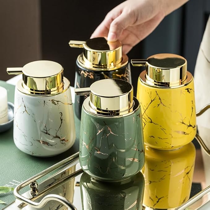 Marble Foam Soap Dispenser for Bathroom, Chic Ceramic Bottle, Gold Soap Dispenser Pump (Green)