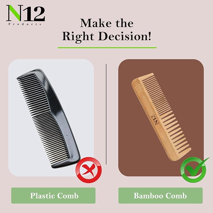 N12 Set of 3 Handmade Natural Bamboo Wooden Comb with Fine Wide Tooth, 17.5 cm - Eco-Friendly Anti-Frizz Detangler for Straight, Wavy, Curly Hair of Women, Men, Wood Birth Comb for Labour Pain
