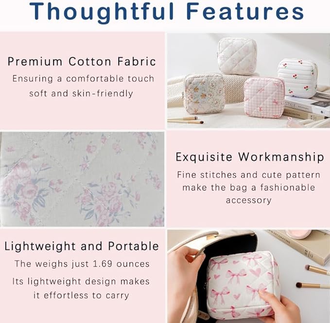 Small Quilted Cotton Makeup Bag for Purse, Cosmetic Bag with Compartments, Cotton Aesthetic Makeup Bag, Travel Toiletry Pouch, Lipstick Bag Card Holder Data Cable Organizer (16Striated Flower)