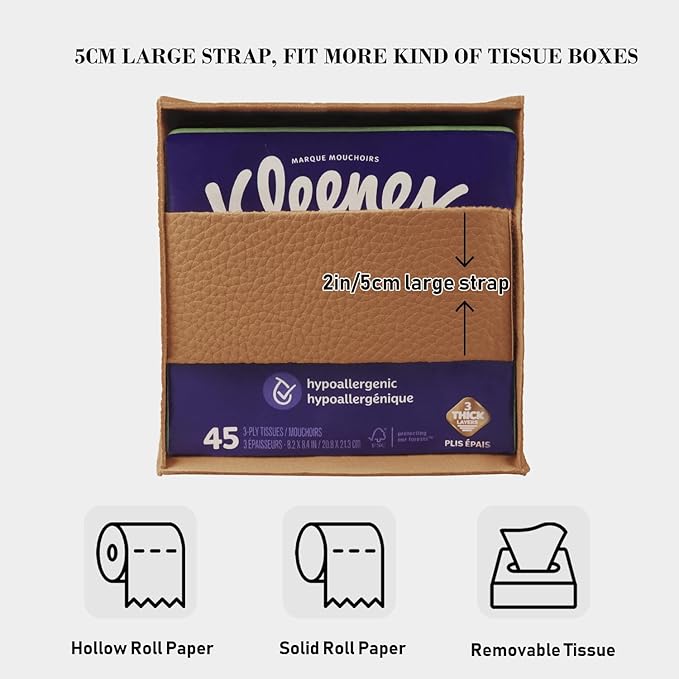 Tissue Box Cover Holder Square Tissue Cube Cover PU Leather Tissue Organizer with Bottom Belt for Bathroom, Tabletop, Car, Night Stands, Office, Home, Kitchen (2, Brown)