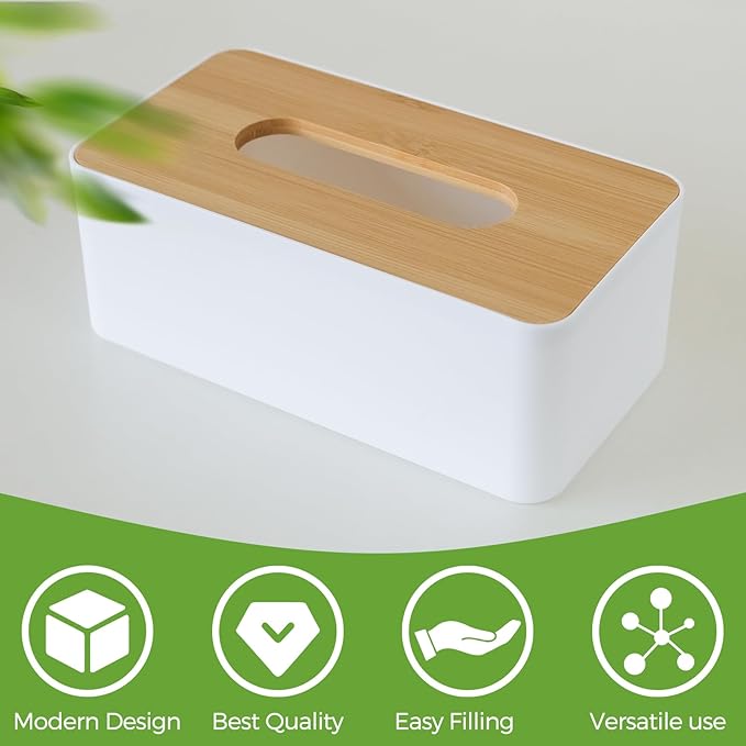 Tissue Box Cover, Rectangle Tissue Box Holder with Bamboo Cover Plate for Bathroom Bedroom, Decorative Tissue Box Covers for Home Decor Office, White