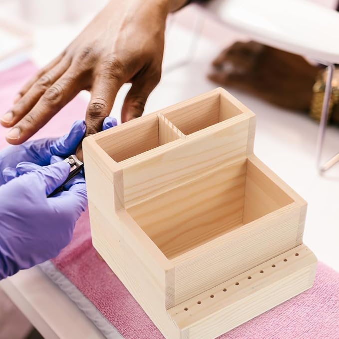 Nail Polish Storage Organizer Box - Large Wooden Beauty Tool Storage Box with Compartments for Manicure Drill Bits and Accessories - Compact 4.53X4.72X3.94 Inch Case for Home and Salon