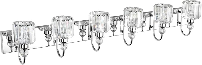Ralbay 6-Lights Stainless Steel Crystal Bathroom Vanity Lights Over Long Mirror Modern Crystal Vanity Lighting Fixtures for Bathroom