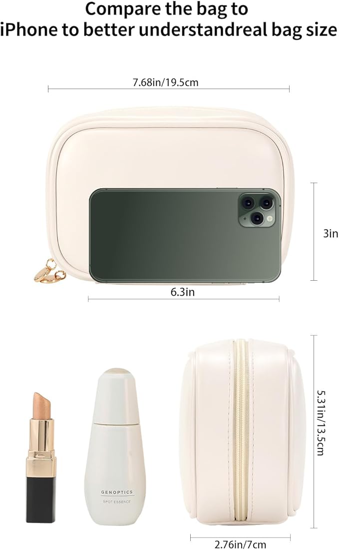 RIGHT AWAY Small Makeup Bag for Purse,Travel Cosmetic Bag Organizer for Women,Cute Make Up Pouch Waterproof Toiletry Bag with Zipper,Portable Makeup Case Skincare Bag for Travel Accessories(White)