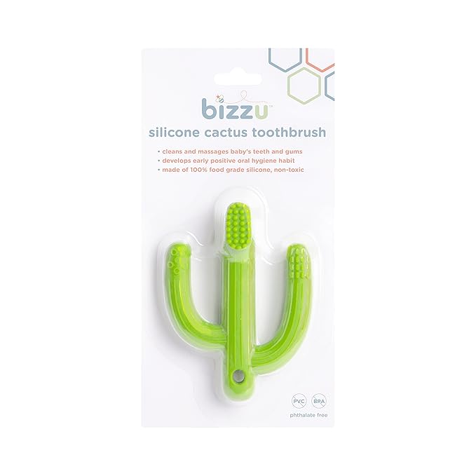 Bizzu Silicone Teether Toothbrush for Infants, Cactus Baby Gum Massager with Multiple Textures, BPA-Free Food-Grade Silicone, Dishwasher & Freezer Safe, Green