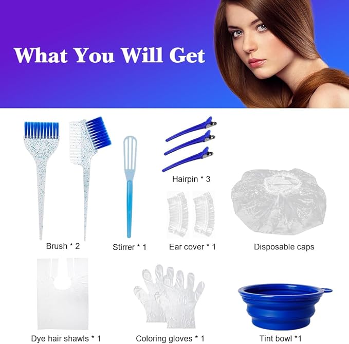 Hair Dye Color Brush and Bowl Set, Color Bowl Brushes Tool Mixing Bowl Kit Tint Comb for Hair Tint Dying Coloring Applicator (Dark Blue&Clear)