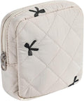 Small Quilted Cosmetic Pouch for Purse, Mini Cotton Makeup Bag with Compartments, Cute Zipper Lipstick Holder for Women (06Beige Bow)