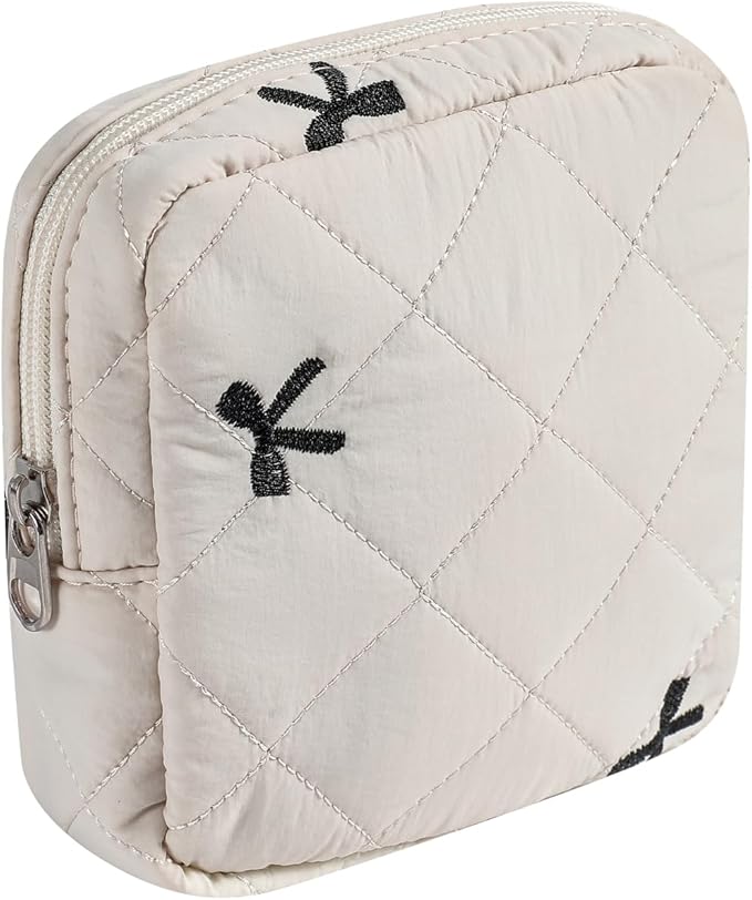 Small Quilted Cosmetic Pouch for Purse, Mini Cotton Makeup Bag with Compartments, Cute Zipper Lipstick Holder for Women (06Beige Bow)
