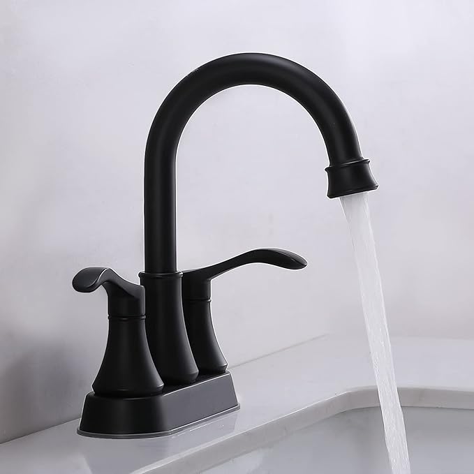 Matte Black Bathroom Sink Faucet, 2-Handle 4 Inch Centerset Lead-Free Modern Commercial, 360° Swivel High-Arc Spout Lavatory Vanity Faucets Set for Sink with Drain & Water Hoses, VALZST050B