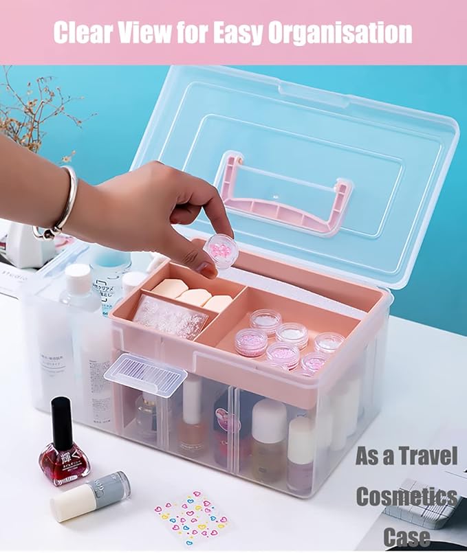 Clear Plastic Office Supply Art & Craft Storage Box, Sewing Box Organiser Large with a Removable Tray & Adjustable Partition, Portable Travel Makeup Case (Clear & pink)