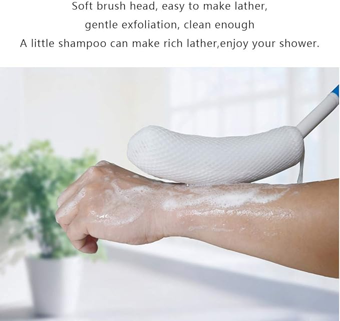 MagiDeal Vinyl Quote Me Long Anti-Slip Curve Handled Bath Body Brush, Easy Reach for Seniors, Suitable for Elderly/Pregnant Aid Bathing & Shower, Blue, 15.35"