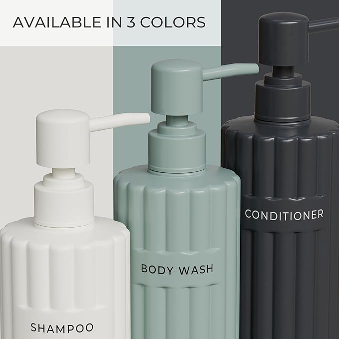 Stylish Shampoo and Conditioner Dispenser Set of 3 - Modern 19oz Shower Soap Bottles with Pump and Labels - Easy to Refill Body Wash Dispensers for an Instant Bathroom Decor Upgrade