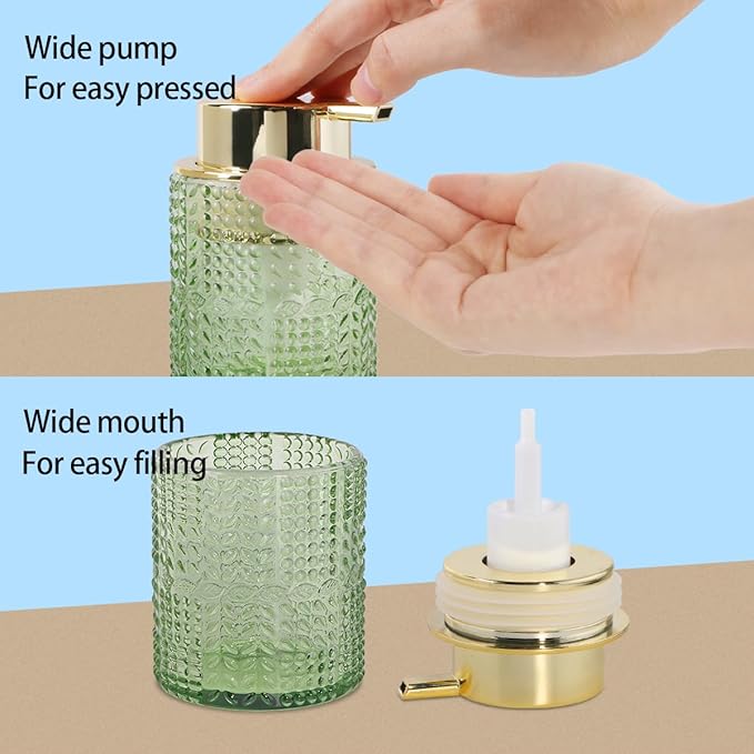 Foaming Soap Dispenser, 10 Oz Glass Foam Hand Soap Dispenser with Gold Pump, Refillable Bathroom Lotion Container Pump Bottle with Vintage Pattern, Green
