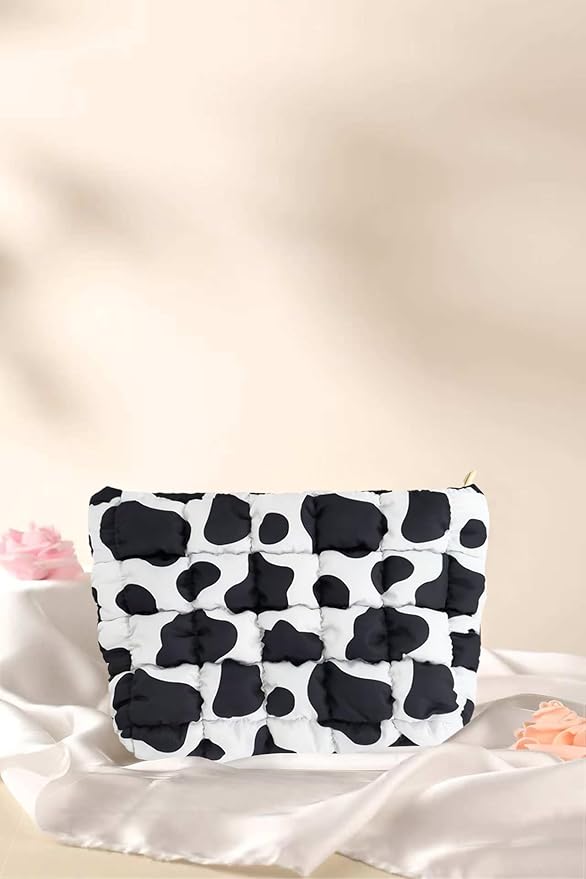 Puffy Quilted Makeup Bag, Cosmetic Bag, Travel Toiletry Organizer Pouch, Clutch for Women (Cow Print)