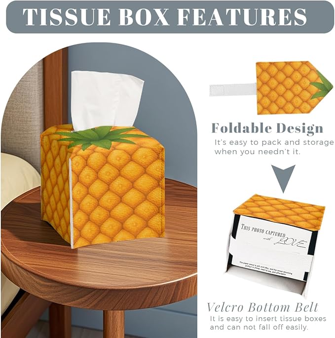 Funny Fruit Tissue Box Cover Summer Cute Yellow Pineapple Leather Tissue Box Holder Square Facial Paper Organizer Dispenser for Car Bathroom Bedroom Office Tabletop Decor