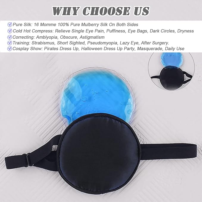 Cooling Eye Patches for Puffy Eyes, Pure Silk Ice Eye Patch, Single Eye Mask, Medical One Eye Cover Cold Hot Therapy Strabismus Lazy Eyes After Surgery Adult Kid Pirate Eyepatch (Black & Black)