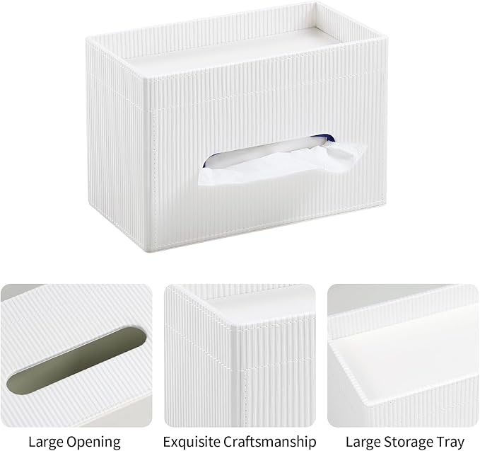 Tissue Box Cover Rectangle with Storage Tray, PU Leather Tissue Holder for Bathroom Vanity Countertop Night Stands Bedroom Office Desk, Stylish Rectangular Tissue Box Holder (Ivory)