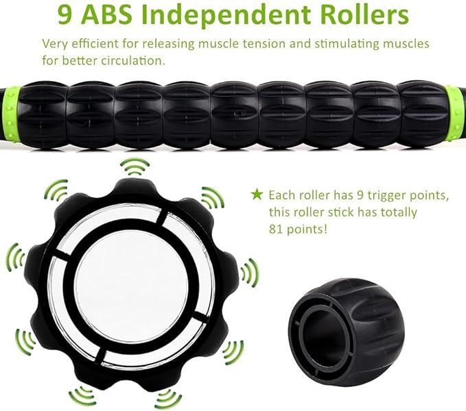 Sportneer Muscle Roller Stick - Massage Stick for Athletes - Reducing Soreness and Muscle Strain, Soothing Legs Cramps - Physical Therapy & Body Recovery - Black Green