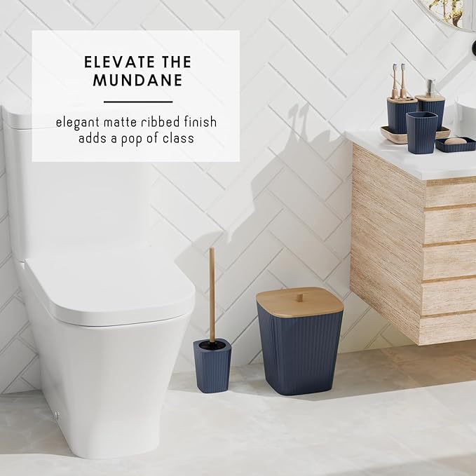 Clara Clark Bathroom Set - Navy Blue Bathroom Accessories Set, 6PC Bathroom Accessory Set, Bathroom Sets with Adhesive Corner Shower Caddy Hanging, Toilet Brush, Trash Can & Soap Dispenser
