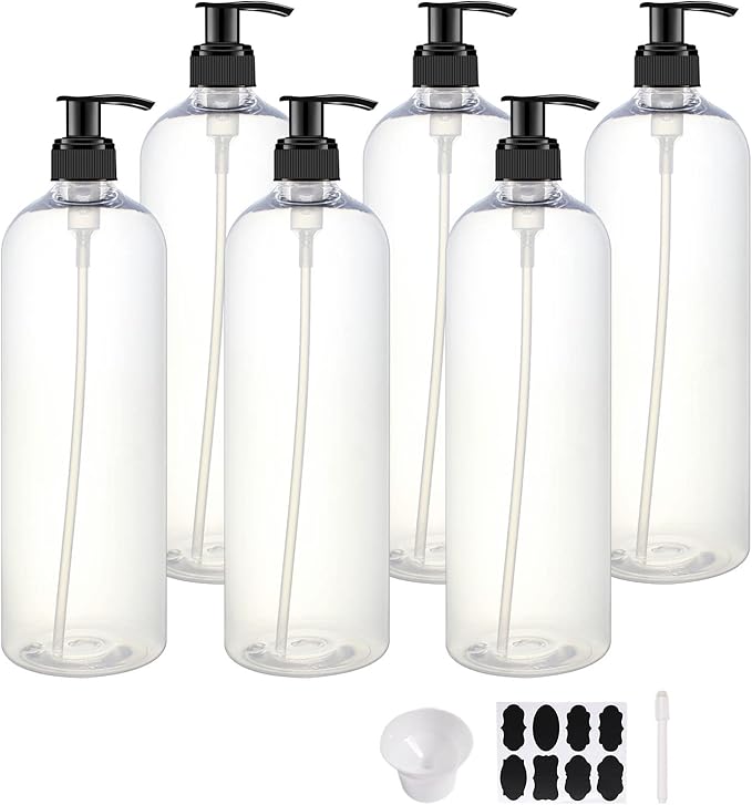 6 Pack 32 oz Shampoo and Conditioner Dispenser Bottles with Pump for Conditioner, Soap, Lotions, 32 oz Empty Plastic Pump Bottle Dispenser with Labels Funnel, Chalk,Pen