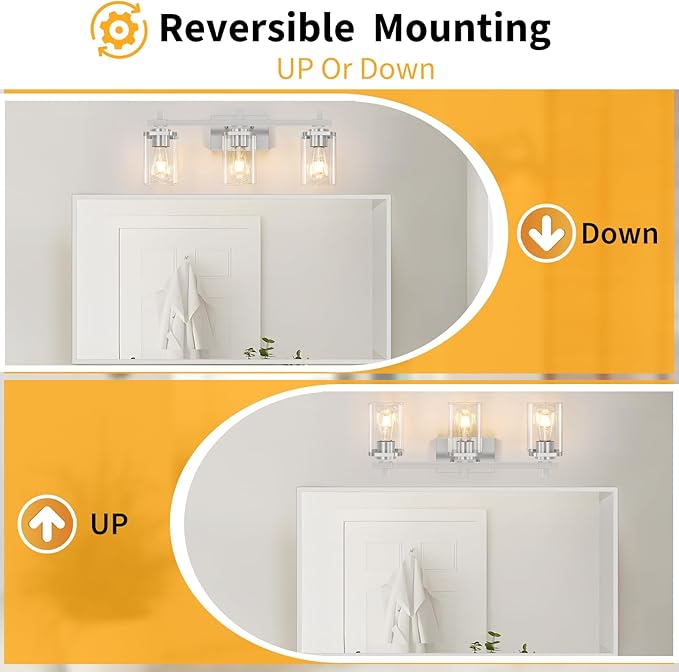 Brushed Nickel Bathroom Light Fixtures, 3-Lights Bathroom Vanity Light with Glass Shades, Modern Vanity Lights for Mirror, Wall Lights for Living Room, Hallway, Cabinet, E26 Base