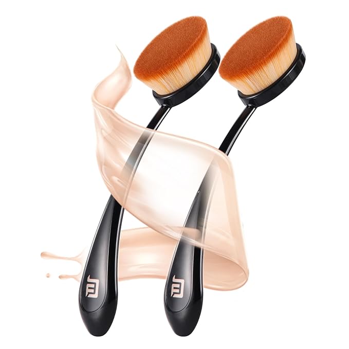 Oval Foundation Brush with Handle - 2 Pack Professional Kabuki Toothbrush Makeup Brush Fast Flawless Application with Dense Soft Bristles for Liquid, Cream, Powder, Blending, Body Self-tanner