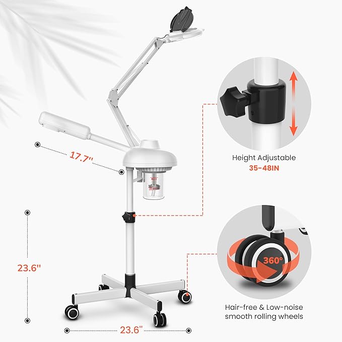 TASALON 2-in-1 Professional Facial Steamer with 5X Magnifying Lamp, Esthetician Steamer on Wheels with Ozone and Hot Mist, Standing Face Steam for Facial Deep Cleaning and Moisturize, SPA & Beauty