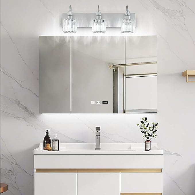 Ralbay Crystal Vanity Light - 3 Light, 24'' Modern Silver Bathroom Vanity Light Fixtures Over Mirror Wall Lights