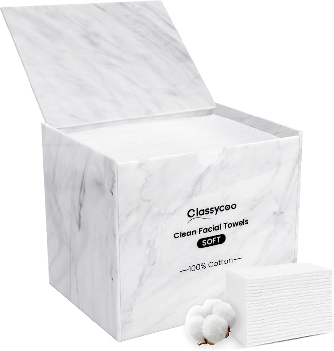 Classycoo Disposable Face Towel Holder with 50 PCS XL Washcloth, Compatible with Clean Skin Club Cotton Towel, Odor-Free, Marble Acrylic Container Box Facial Wipes, Bathroom Cosmetic Storage