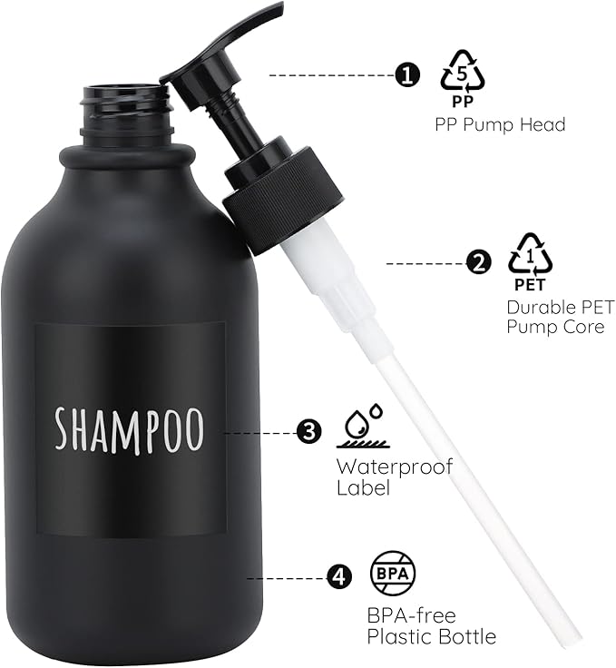 Segbeauty Matte Black Shampoo Dispenser, 2pcs 16.9oz Empty Refillable Pump Bottle with Labels, 500ml Plastic Press Lotion Dispenser Bathroom Shower Containers for Conditioner Body Soap Hand Soap