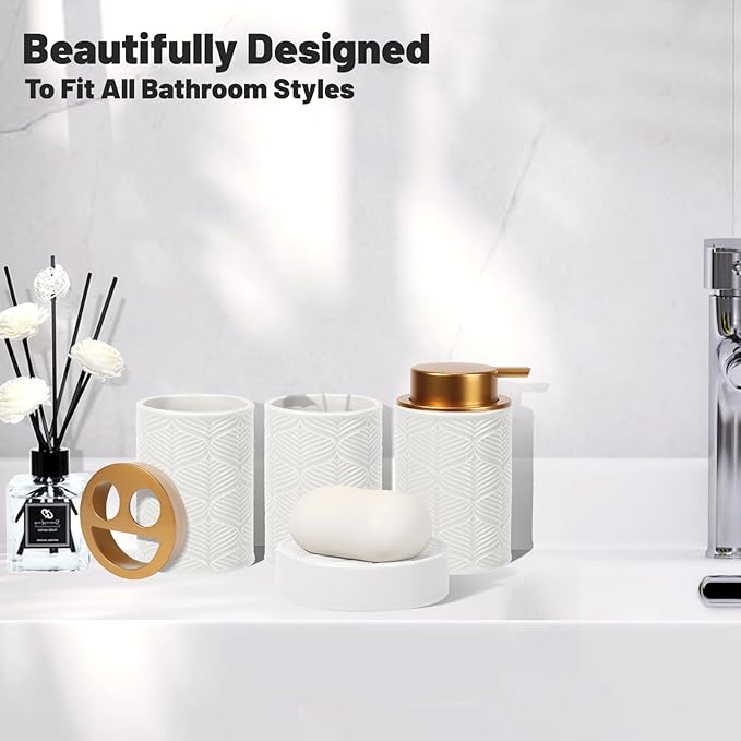 Ceramic Bathroom Accessories Set, 4 Pcs-Includes Lotion Soap Dispenser, Toothbrush Holder, Vanity Tray, and Tumbler, Modern Bathroom Decor Organizer with Soap Dish, Apothecary Jar, White Color