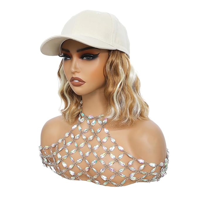 GUOJIAN Hat Wigs for Women 6' Short Wave Baseball Cap Wigs with Curly Hair Extensions Synthetic Wave Wig Adjustable Hat with Hair Attached for Daily Use (W27/613, 6inch)