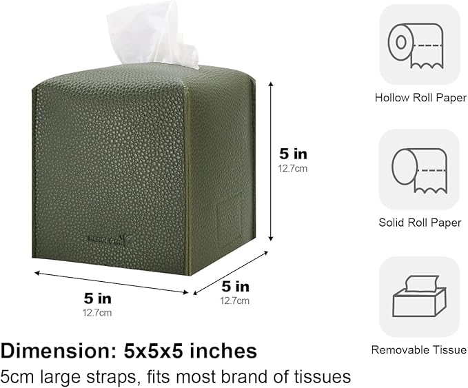 Tissue Box Cover 5X5X5'' PU Leather Tissue Holder Square Tissue Cube Box Organizer for Bathroom Vanity Countertop, Car, Night Stands, Office, Home, Kitchen (1Pack, Dark Green)