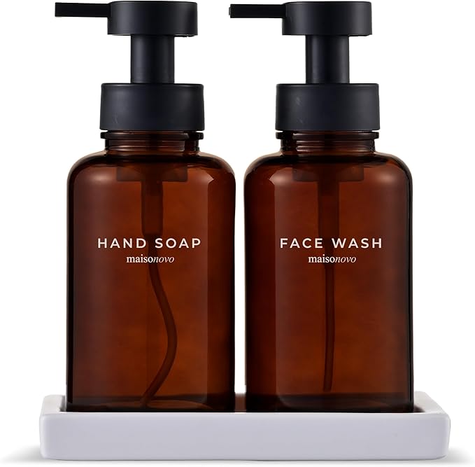 MaisoNovo Glass Foaming Soap Dispenser 14 Oz | Amber Glass Black Pumps x 2 with Ceramic Tray