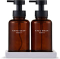 MaisoNovo Glass Foaming Soap Dispenser 14 Oz | Amber Glass Black Pumps x 2 with Ceramic Tray