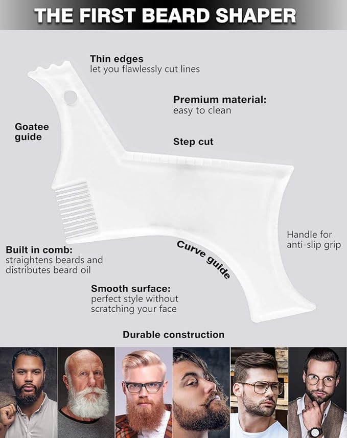 Men's Beard Shaping Tool With Inbuilt Comb Transparent Template Styling Comb Templates for Goatee Mustache Sideburns, Jaw Cheek/Neck Line, Symmetric/Curve/Step Cut (Clear)