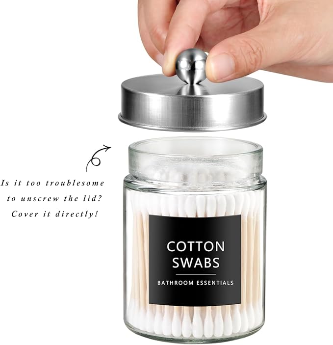 SheeChung 4-Pack Glass Qtip Holder Dispenser - Rust-Proof Stainless Steel Apothecary Jars with Labels -Bathroom Organizer for Cotton Swabs, Balls, Pads-Sleek Countertop Canister (Brushed Nickel)