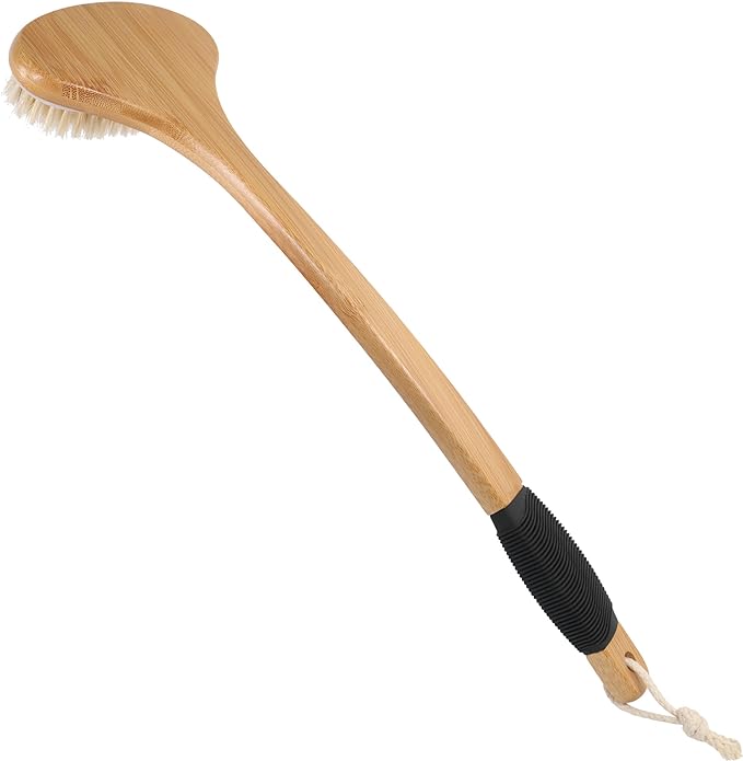 OWIIZI Back Scrub Brush for Shower,Stiff Boar Bristles Bamboo Curved Long Handle Antiskid Body Bath Brush for Back Use Wet or Dry,Deep Cleanse Large Surface Back Scrubber
