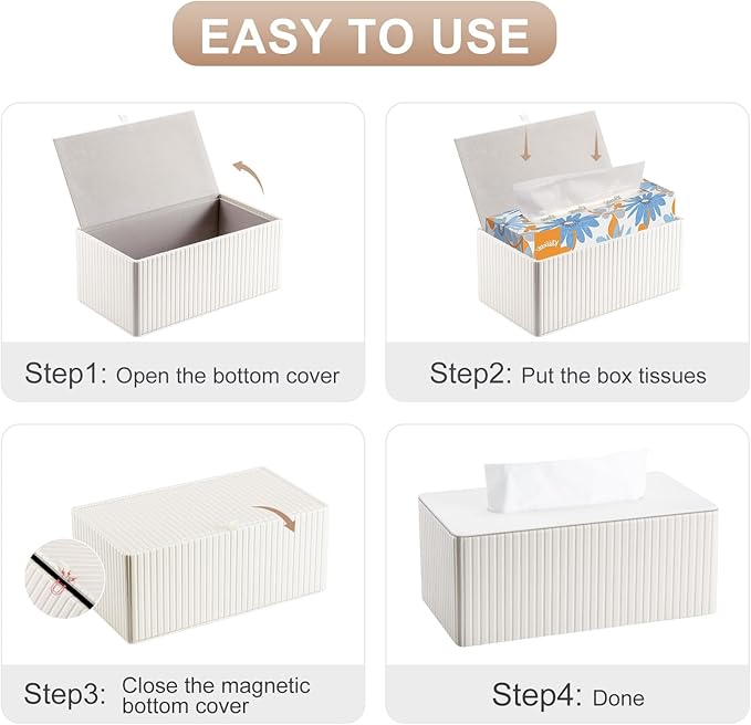KINGFOM PU Leather Tissue Box Cover Rectangular Tissue Box Holder with Magnetic Bottom, Napkin & Facial Tissue Holder Dispenser for Home, Office for Standard 120-count/160-count (2-Ply) White Stripe