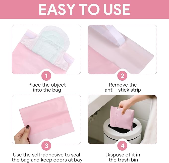 Sanitary Napkin Disposal Bags 100 Pcs 11.4'' x 6.7'' Tampon Disposal Feminine Pads Period Hygiene Disposable Bags for Feminine Products Odor Blocking (Pink)