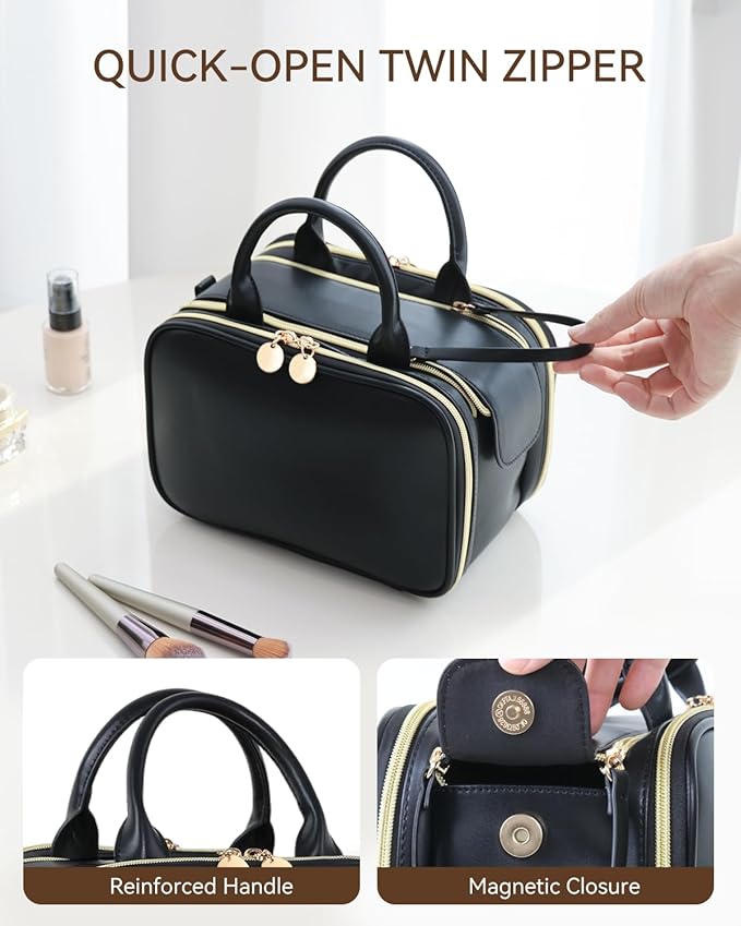 Prite Makeup Bag for Women, Large Capacity Waterproof Travel Cosmetic Organizer, Portable Open Flat Toiletry Bag with Free-standing Brush Holder and Handle(Black Medium)