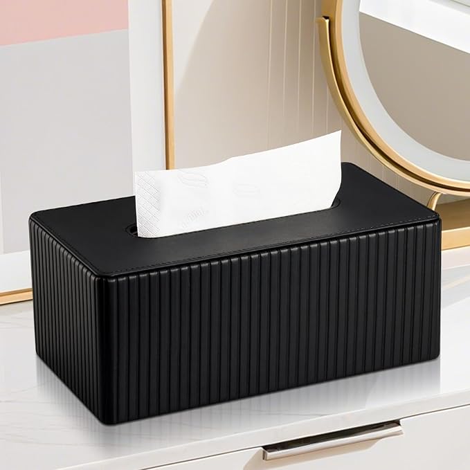 KINGFOM PU Leather Tissue Box Cover Rectangular Tissue Box Holder with Magnetic Bottom, Napkin & Facial Tissue Holder Dispenser for Home, Office for Standard 120-count/160-count (2-Ply) Black Stripe