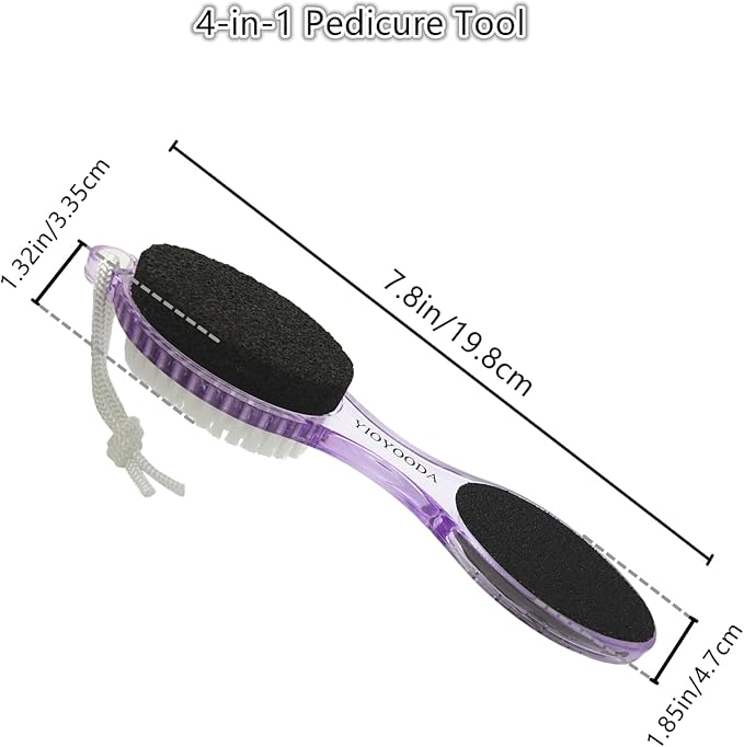 Foot File Callus Remover 4-in-1, Feet Scraper Pedicure Tools with Pumice Stone, Scrubber Brush, Foot Rasp and Sand Paper, Double Sided Multi Purpose, Clear Pink and Purple