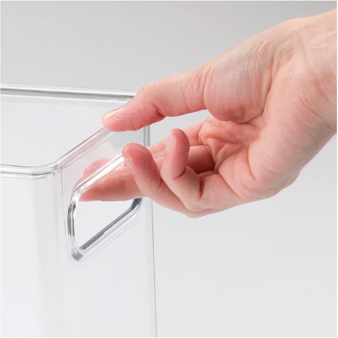 mDesign Tall Modern Stackable Plastic Storage Organizer Bin Basket with Handles for Bathroom Vanity Organization - Shelf, Cubby, Cabinet, or Closet Organizing Decor - Ligne Collection - 4 Pack - Clear