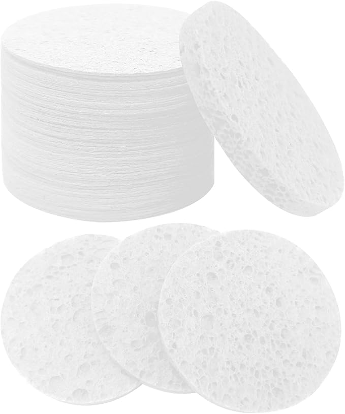 50-Count Large Compressed Facial Sponges for Estheticians,Daily Cleansing and Gentle Exfoliating- 100% Natural Cellulose Spa Sponge Perfect for Removing Dead Skin,Dirt and Makeup(Round 2.95",White)
