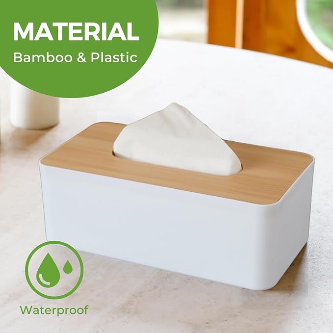 Tissue Box Cover, Rectangle Tissue Box Holder with Bamboo Cover Plate for Bathroom Bedroom, Decorative Tissue Box Covers for Home Decor Office, White