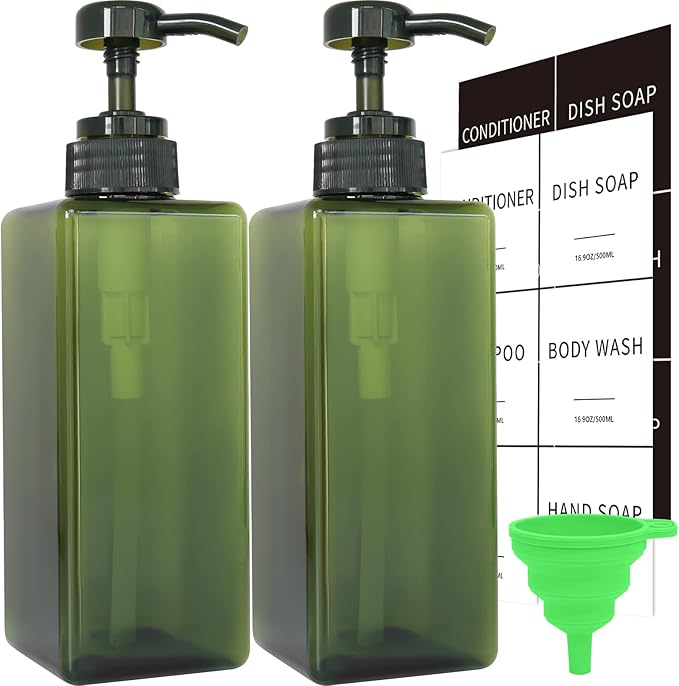 Green Soap Dispenser with Waterproof Labels, Thickened Plastic Hand Soap Dispenser for Bathroom, Kitchen Dish Washing Liquid Bottles, Shampoo and Conditioner Bottles with Funnel (16oz 2Pack Green)
